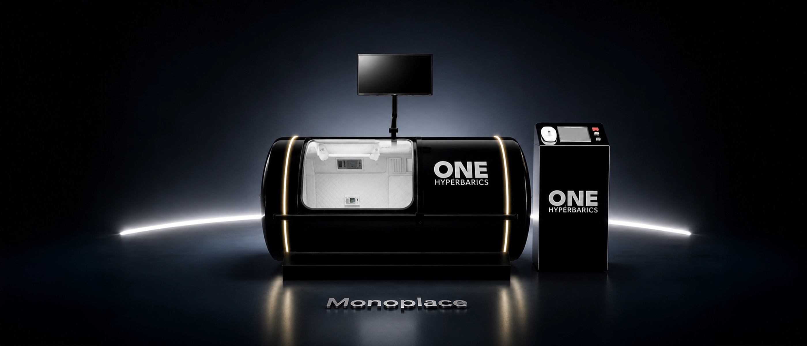 ONE Hyperbarics monoplace hyperbaric chamber, dark cinematic studio shot