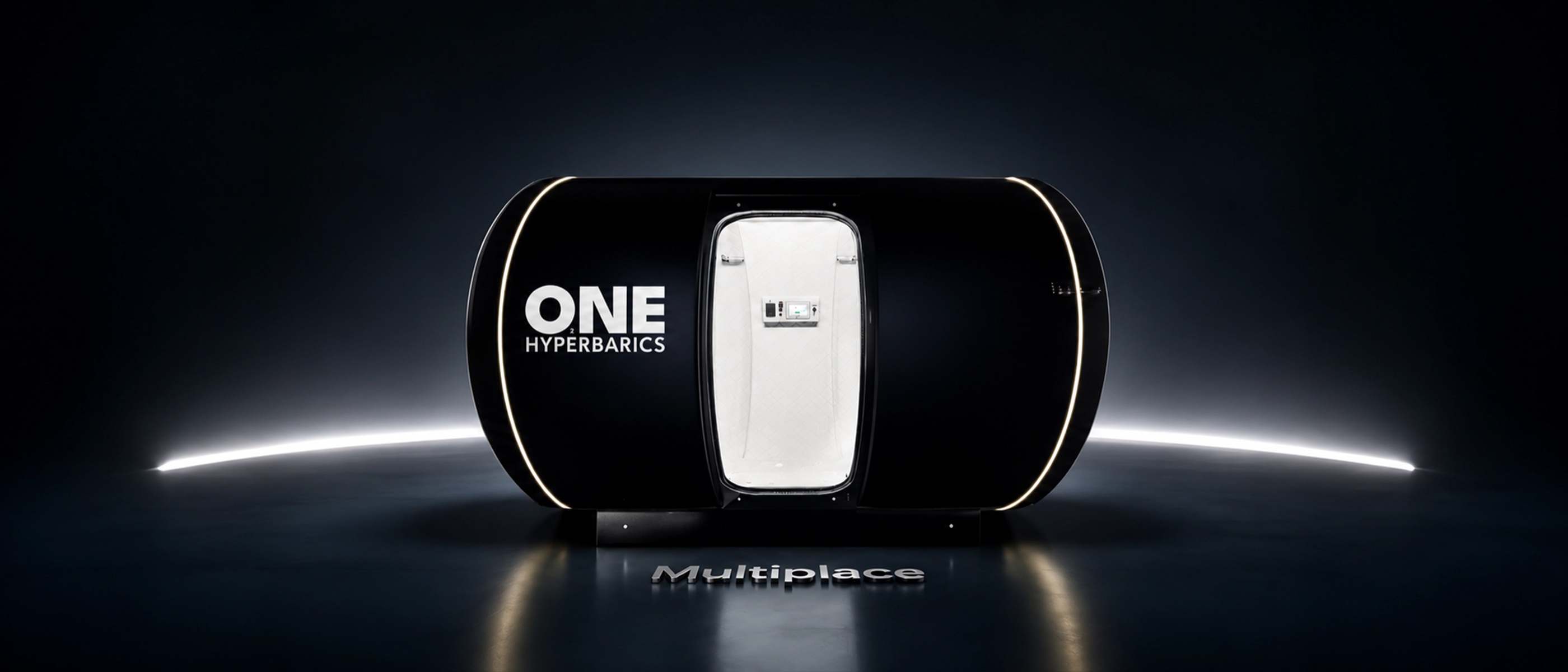 ONE Hyperbarics multiplace hyperbaric chamber, dark cinematic studio shot